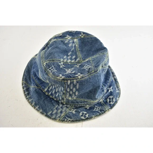 Louis Vuitton Nigo Blue Monogram Giant Wave Denim Logo Sun Bucket Hat M 58cm